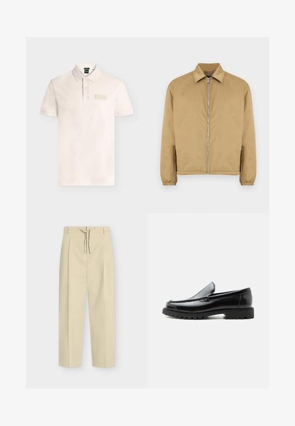 Veste zippée beige avec une surface texturée, col pointu, poignets élastiqués et poches latérales. Présente un design simple et minimaliste.; Polo beige clair à manches courtes avec patte à deux boutons et petit écusson rectangulaire « BOSS » sur la poitrine gauche.; Pantalon beige droit avec passants pour ceinture et nouage à l'avant, présentant un design épuré et ajusté ainsi qu'un tissu texturé.; Mocassin en cuir noir avec semelle en caoutchouc épaisse, dessus cousu et nom de marque embossé sur le talon, présenté de profil sur fond blanc.