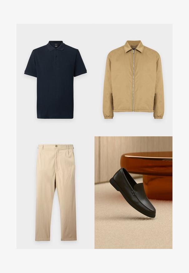 Veste zippée beige avec une surface texturée, col pointu, poignets élastiqués et poches latérales. Présente un design simple et minimaliste.; Polo à manches courtes bleu marine avec col, deux boutons noirs, et logo brodé discret sur la poitrine.; Pantalon beige à jambes droites avec fermeture par bouton et zip, passants pour ceinture et poches latérales, posé à plat sur un fond clair.; Mocassin noir en cuir sans lacets exposé sur un tapis beige à côté d'une table en verre ambré de forme incurvée dans une pièce aux tons neutres.