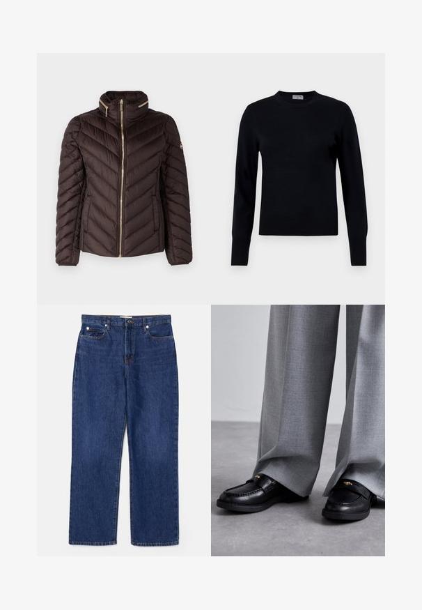 MICHAEL Michael Kors Doudoune - chocolate; Pull en tricot noir avec un col rond et des manches longues. Présente une texture lisse et des poignets côtelés, offrant une coupe et un design classiques.; Jean en denim bleu foncé avec une taille haute, une coupe droite, cinq poches et des détails en métal argenté. Présente un léger délavage et des coutures brodées.; Mocassins en cuir noir à bout rond, avec des accents en métal doré, associés à un pantalon large en tissu texturé de couleur grise.