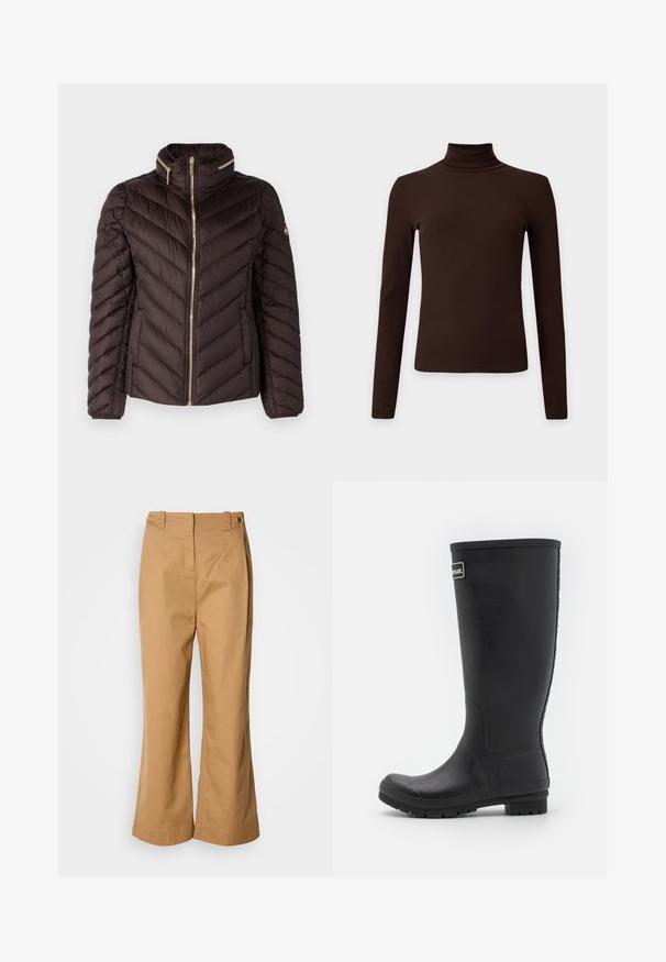 MICHAEL Michael Kors PACKABLE - Veste d'hiver - chocolate; Haut à col roulé côtelé marron foncé à manches longues avec silhouette ajustée sur fond clair uni.; Pantalon à jambes larges en tissu de coton beige, doté d'une taille haute, de deux boutons dorés et d'une texture lisse. Aucun motif ou accent visible.; Botte de pluie noire en caoutchouc, design haut avec une finition mate lisse. Dispose d'une semelle épaisse avec des rainures et d'un accent logo sur le côté.
