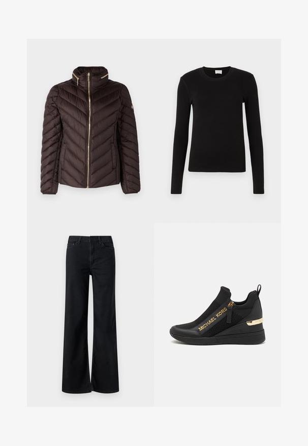 MICHAEL Michael Kors Dunjakker - chocolate; Sort langærmet T-shirt lavet af blød, glat stof. Har en rund halsudskæring og tætsiddende pasform, uden synlige mønstre eller pynt.; Sorte bukser med brede ben lavet af denim. Har et klassisk fem-lomme design, lynlåsåbning og subtile stikningsdetaljer. Glat overflade.; Sorte atletiske sneakers med mesh-paneler, gulllogo-detaljer, slip-on design og en kilehæl for ekstra højde. Gummisål.