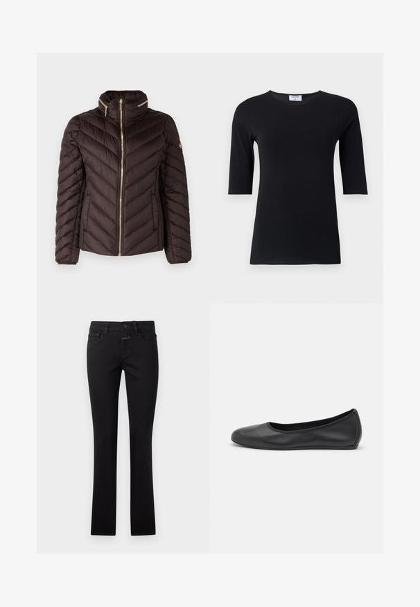 MICHAEL Michael Kors Dunjakker - chocolate; Sort langærmet top lavet af blød, strækbar stof. Har en rund halsudskæring og en tætsiddende silhuet med mellemlange ærmer.; Sort jeans lavet af denim, med en tætsiddende design, knaplukning og traditionel fem-lomme stil. Glat tekstur med let stræk.; Sort læderballetsko med rund tå, glat tekstur, minimal syning og et fleksibelt såldesign.