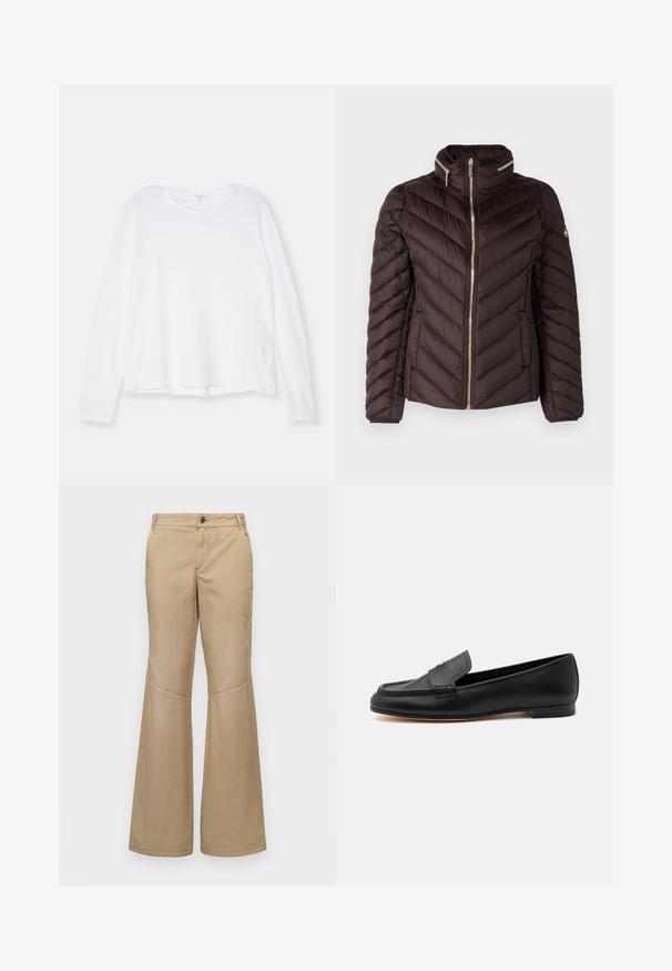 MICHAEL Michael Kors Doudoune - chocolate; Chemise blanche à manches longues, en tissu doux, avec un col rond, une coupe décontractée et des fentes sur les côtés à l'ourlet pour faciliter les mouvements.; Pantalons beiges à jambes larges avec fermeture à bouton, poches avant et latérales, et détails de coutures, fabriqués dans un tissu léger et texturé.; Mocassin en cuir noir avec un petit talon, des détails cousus et un petit accent métallique sur la tige supérieure.