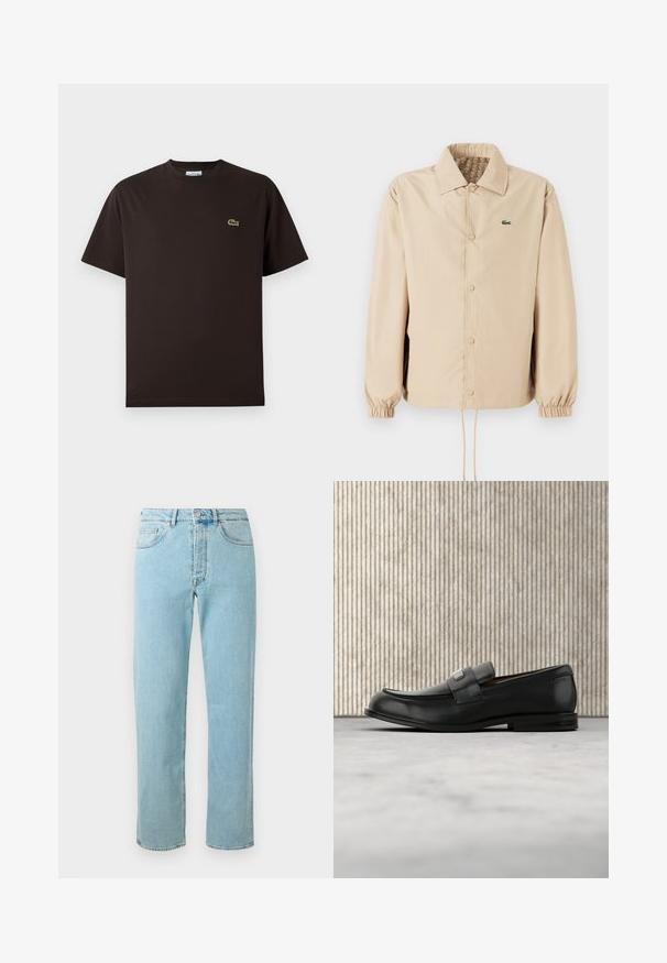 Chaqueta ligera beige con cuello acordeón, cierres de botón, puños elásticos y dobladillo con cordón. Presenta un logotipo verde en el lado izquierdo del pecho.; Camiseta de algodón de manga corta en color marrón. Presenta un discreto logo de cocodrilo bordado en verde en el lado izquierdo del pecho. Diseño clásico de cuello redondo.; Jeans de mezclilla azul claro con corte recto, que cuentan con cinco bolsillos, cremallera y un ligero desgaste en toda la tela.; Mocasín de cuero negro con una placa metálica de marca apoyado cerca de una mesa redonda marrón sobre un suelo alfombrado beige.