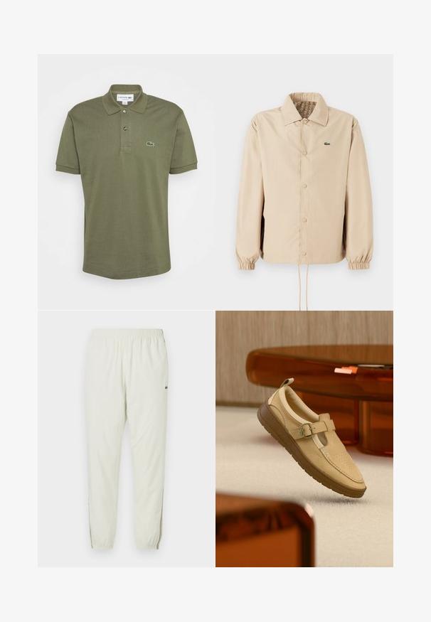 Chaqueta ligera beige con cuello acordeón, cierres de botón, puños elásticos y dobladillo con cordón. Presenta un logotipo verde en el lado izquierdo del pecho.; Polo de color verde oliva, de manga corta, con tapeta de dos botones, cuello acanalado, que presenta un logotipo bordado de Lacoste en el lado izquierdo del pecho. Material de algodón.; Joggers ligeros en crema con una cintura elástica, tobillos ajustados, aberturas laterales y un pequeño logo verde en la parte superior del muslo.; Zapato beige de cuero sin cordones con correa de hebilla y suela de goma marrón, posicionado en el aire sobre un suelo alfombrado claro y cerca de un mueble translúcido ámbar.