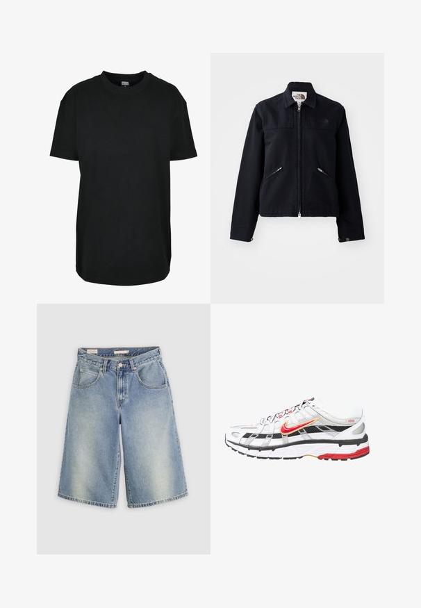 Zwarte jas met een rits aan de voorkant, twee schuin geplaatste ritszakken en een kraag. Heeft een gladde textuur en minimale branding.; Zwart T-shirt met korte mouwen en ronde hals in maat XS met "Urban Classics" label aan de binnenkant van de kraag.; Lichtblauwe denim knielange shorts met voorste knoop, ritssluiting, riemlussen en zijzakken op een effen achtergrond.; Witte en zwarte sportschoenen met rode en gouden accenten. Beschikt over een mesh bovenwerk, een gevoerde zool en een veilige vetersluiting.