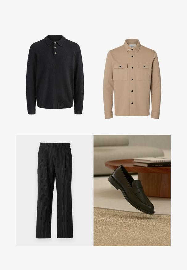 Beige skortejakke med lange ærmer, sorte trykknapper, to forlommer med klap og spids krave.; Mørkeblå langærmet strikket sweater med krave og tre knapper ned foran.; Jack & Jones Classic Wide Leg Fit - Bukser - black; Sort læderloafer vist i luften over en beige vævet tæppe, med et træbord og stablede bøger i et blødt oplyst stue.