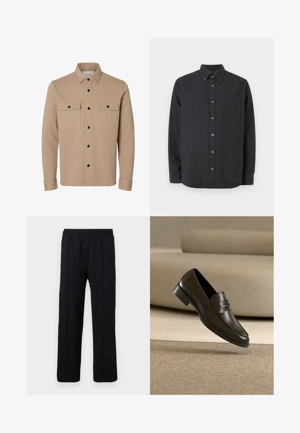 Veste-chemise beige à manches longues avec boutons-pression noirs, deux poches avant à rabat et col pointu.; Chemise noire à boutons avec un motifcheck en vert foncé et violet. Dotée d'une poche poitrine et d'un col rond. Fabriquée en tissu tissé.; Pantalons noirs à jambes droites avec taille élastique et coutures verticales sur le devant, sur un fond blanc uni.; Mocassin en cuir noir flottant au-dessus d'un tapis beige avec un canapé beige en arrière-plan, mettant en valeur le design classique pour hommes sans lacets.