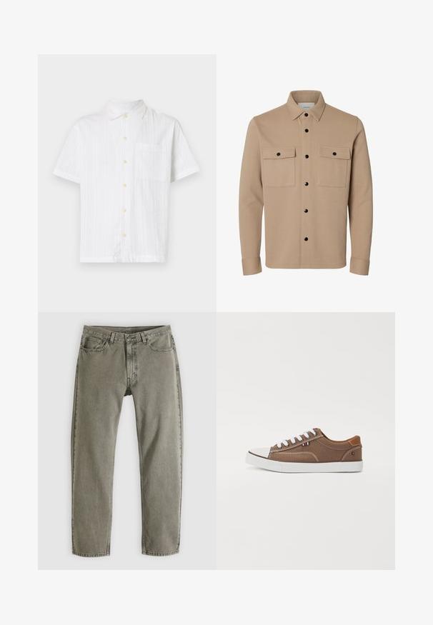 Beige overhemdjack met lange mouwen, zwarte drukknoopsluitingen, twee voorzakken met klep en een puntige kraag.; Witte short-sleeve shirt met een knoopsluiting aan de voorkant, voorzien van een enkele zak, gestructureerde stof en lichtgele knopen.; Grijze recht uitlopende spijkerbroek met voor- en achterzakken, riemlussen en knoopsluiting, plat gelegd op een witte achtergrond.; Bruine canvas sneakers met witte veters, rubberen neuskap en contrasterende tan accenten op de hiel, met een klein driekleurig embleem.
