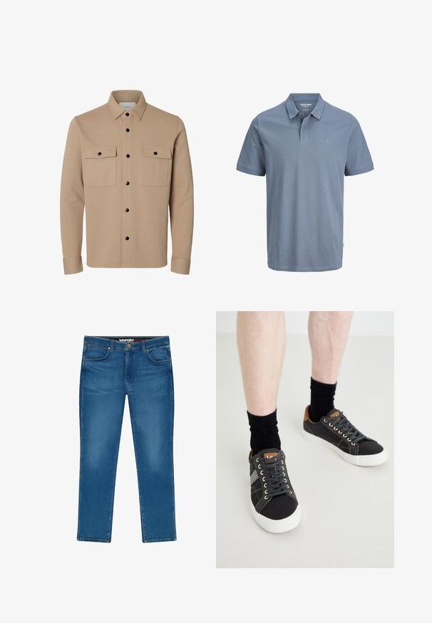 Chaqueta camisa beige de manga larga con botones a presión negros, dos bolsillos delanteros con solapa y cuello puntiagudo.; Polo azul claro de manga corta con cuello, dos botones y un pequeño símbolo de ampersand bordado en el pecho. Sin patrones visibles.; Pantalones vaqueros de mezclilla azul con diseño de pierna recta, que cuentan con cinco bolsillos, costuras en contraste y cierre de botón.; Zapatillas de lona grises con suelas de goma blancas, cordones negros y detalles de cuero marrón en el talón, acompañadas de calcetines negros de canalé.