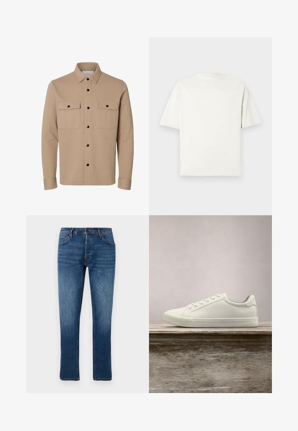 Beige overhemdjack met lange mouwen, zwarte drukknoopsluitingen, twee voorzakken met klep en een puntige kraag.; Effen witte T-shirt met korte mouwen en een relaxte pasvorm, weergegeven op een lichtgrijze achtergrond.; Blauwe rechte spijkerbroeken met vijf zakken, knoopsluiting en subtiele vervaging op de dijen en knieën, weergegeven tegen een witte achtergrond.; Witte vetersneaker die boven een houten bank zweeft met groene bladeren op de achtergrond, waarbij het ontwerp en de textuur van de schoen worden getoond.