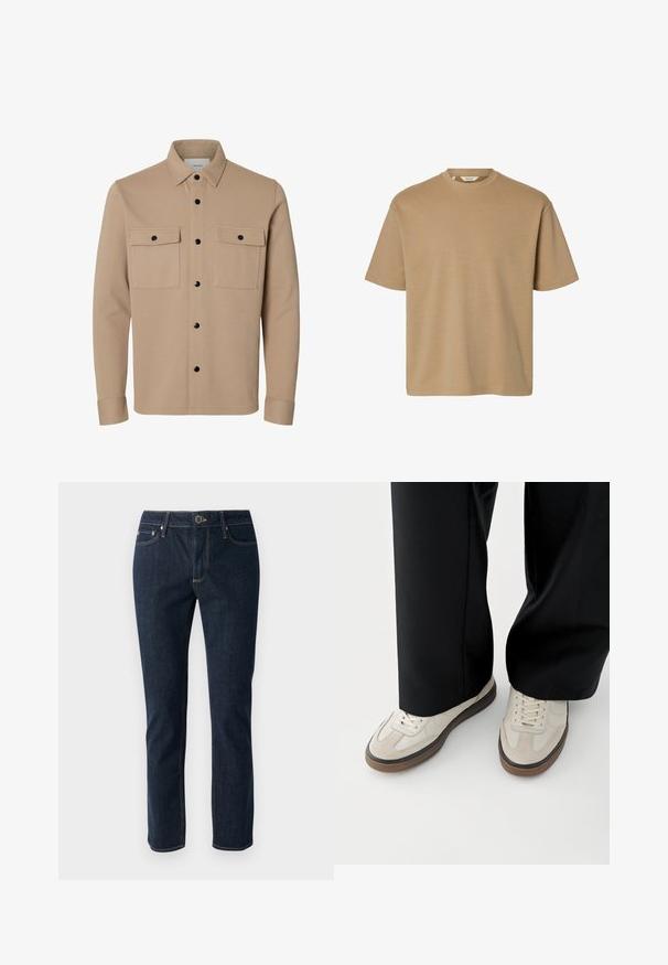Chaqueta camisa beige de manga larga con botones a presión negros, dos bolsillos delanteros con solapa y cuello puntiagudo.; Camiseta de manga corta color canela con cuello redondo, ajuste relajado y diseño sencillo, mostrada sobre un fondo blanco.; Vaqueros de mezclilla azul oscuro con un diseño de pierna recta, que cuentan con un cierre de botón, cinco bolsillos y costuras en contraste. Textura suave.; Pies con zapatillas beige con suelas marrones y pantalones negros de pierna ancha sobre un fondo blanco.