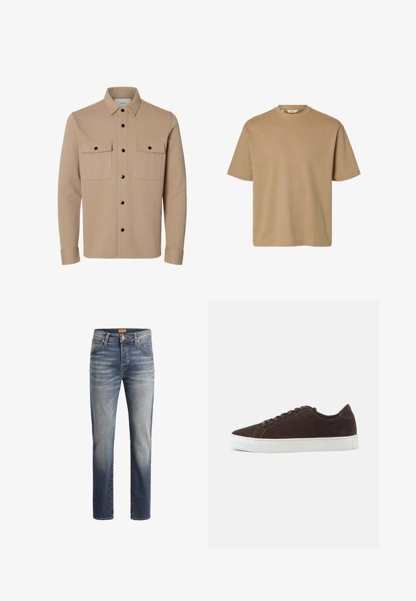 Beige skortejakke med lange ærmer, sorte trykknapper, to forlommer med klap og spids krave.; Kortærmet t-shirt med rund hals og afslappet pasform med ensfarvet design, vist på en hvid baggrund.; Slim-fit jeans lavet af denimstof, med en mellemblå vask, fem lommer og syede detaljer på sømmene.; Mørkebrune ruskind lave sneakers med matchende snørebånd og tyk hvid gummisål, vist fra siden på en ensfarvet baggrund.