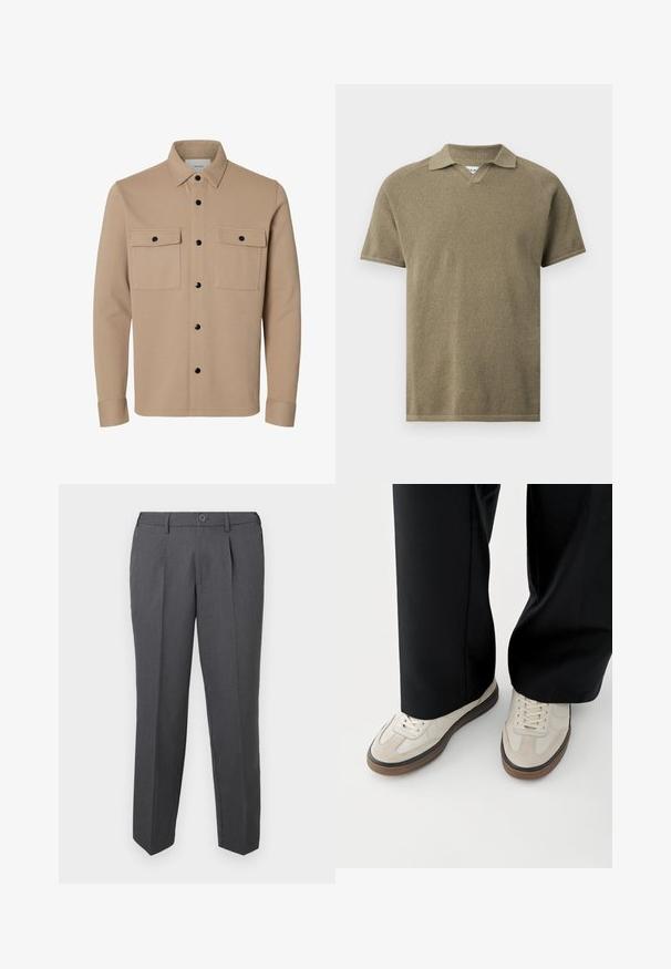 Beige overhemdjack met lange mouwen, zwarte drukknoopsluitingen, twee voorzakken met klep en een puntige kraag.; Olijfgroen textuur poloshirt met korte mouwen, een spreidkraag en een V-vormige inkeping bij de halslijn, weergegeven tegen een effen achtergrond.; Donkergrijze formele broek met plooien, lussen voor een riem, knoopsluiting en rechte pijpen, afgebeeld tegen een effen witte achtergrond.; Voeten met beige sneakers met bruine zolen en zwarte wijde broekspijpen op een witte achtergrond.