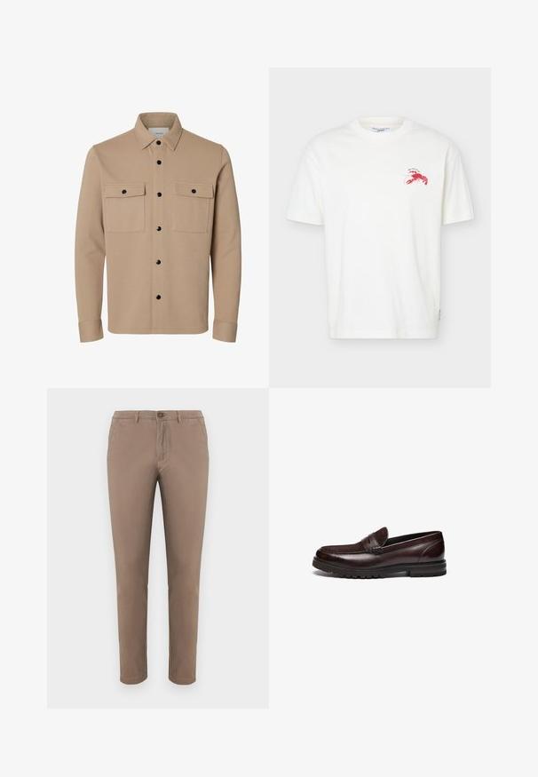 Veste-chemise beige à manches longues avec boutons-pression noirs, deux poches avant à rabat et col pointu.; T-shirt blanc à manches courtes avec un petit graphique homard rouge et étiquette "Marc O’Polo Denim" à l’intérieur du col.; Chino beiges avec une coupe droite, fermeture à bouton, poches avant et arrière, tissu en coton lisse et ourlet soigné. Convient pour une tenue décontractée.; Mocassins en cuir marron avec un accent en daim, bout rond et semelle en caoutchouc texturé. Dotés de détails cousus et d'un léger talon.