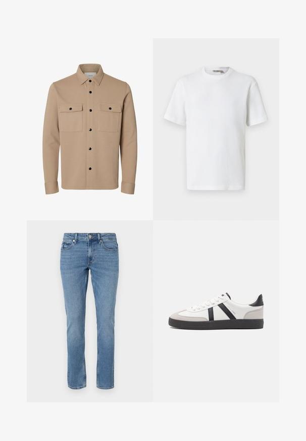 Beige overhemdjack met lange mouwen, zwarte drukknoopsluitingen, twee voorzakken met klep en een puntige kraag.; Wit T-shirt met korte mouwen, wafelstructuur en ronde hals, met een klein merkembleem aan de binnenkant van de kraag, afgebeeld op een effen achtergrond.; Blauwe rechte spijkerbroek met voorzakken, riemlussen en een knopen sluiting.; Witte sneaker met zwarte en grijze accenten, voorzien van een grijze neus met textuur, zwarte rubberen zool en platte witte veters. Schoon ontwerp, minimalistische stijl.