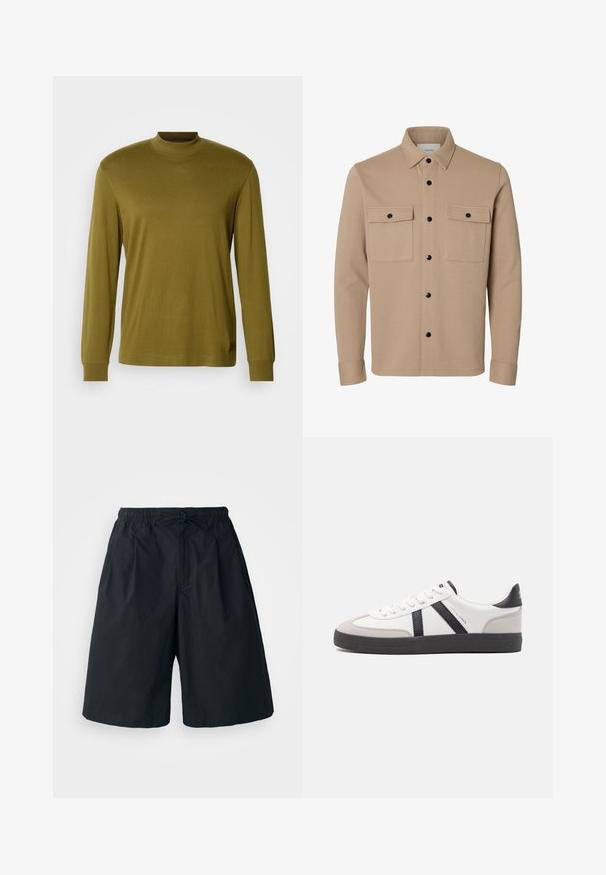 Chaqueta camisa beige de manga larga con botones a presión negros, dos bolsillos delanteros con solapa y cuello puntiagudo.; Camisa de cuello alto de manga larga en verde oliva, hecha de una tela suave, con un diseño ajustado y cuellos y puños acanalados.; Pantalones cortos negros con cintura elástica y cordón ajustable. Hechos de una tela suave, con un corte holgado y sin patrones visibles.; Zapatilla blanca con acentos en negro y gris, que presenta una puntera texturizada en gris, suela de goma negra y cordones planos blancos. Diseño limpio, estilo minimalista.