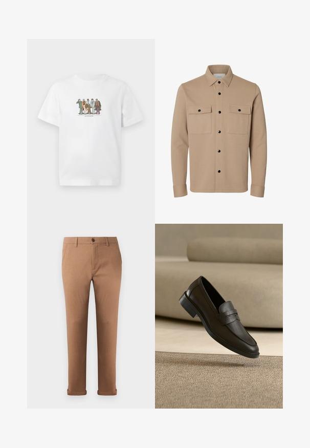 Beige overhemdjack met lange mouwen, zwarte drukknoopsluitingen, twee voorzakken met klep en een puntige kraag.; Witte T-shirt met illustratie van vijf diverse mannen in pakken die zelfverzekerd naast elkaar lopen, met aktetassen en telefoons in de hand.; Bruine katoenen broek met een rechte pasvorm, voorzien van een sluiting met een knoop aan de voorkant, riemlussen en opgerolde manchetten aan de zoom.; Zwarte leren loafer die rust op een beige tapijt met een gebogen beige bank op de achtergrond.