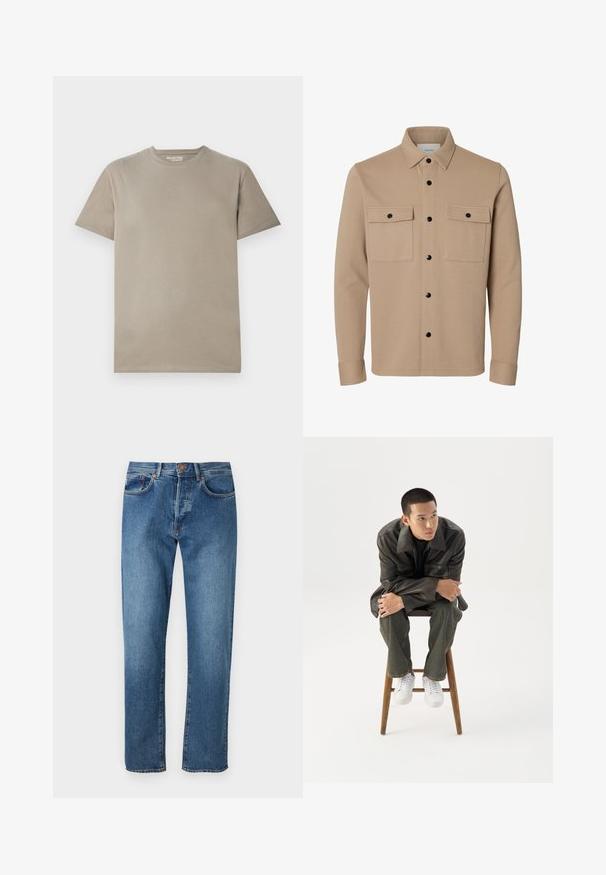 Beige Hemdjacke mit langen Ärmeln, schwarzen Druckknöpfen, zwei vorderen Klappentaschen und spitzem Kragen.; Kurzärmliges T-Shirt aus hellem beigefarbenem Baumwollstoff mit Rundhalsausschnitt, einfachem Design und glatter Textur ohne sichtbare Muster oder Akzente.; Hellblaue Denim-Jeans mit geradem Bein, fünf Taschen, Knopfverschluss und dezenter Ausbleichung an der Vorderseite.; Junger Mann in dunkler Lederjacke und Jeans sitzt auf einem Holzstuhl, lehnt sich mit verschränkten Armen nach vorne und schaut seitlich vor weißem Hintergrund.