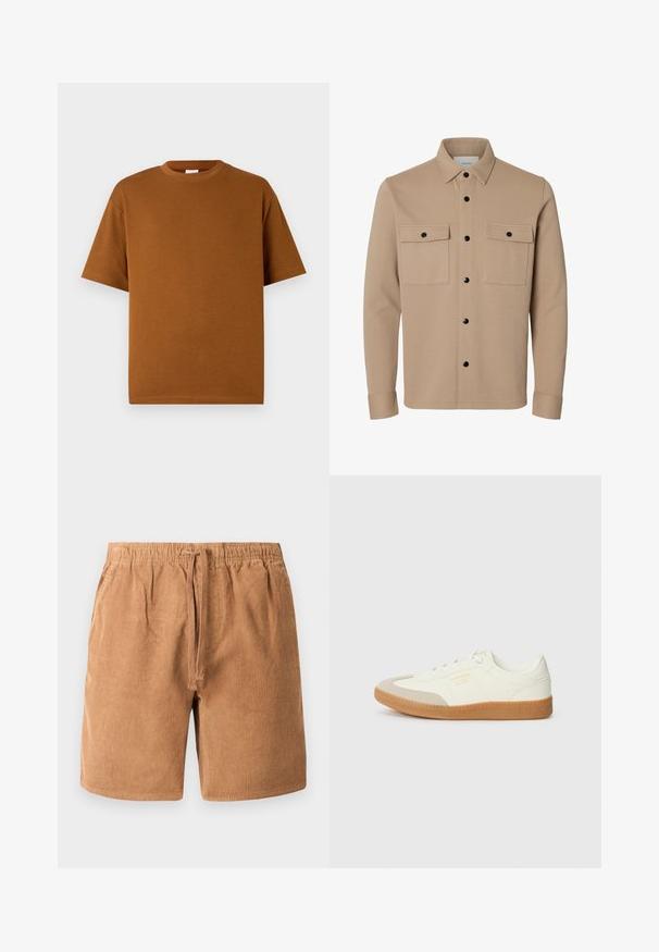 Beige skortejakke med lange ærmer, sorte trykknapper, to forlommer med klap og spids krave.; Brun kortærmet t-shirt lavet af blødt stof, med rund halsudskæring og afslappet pasform med lige kant. Ingen synlige mønstre eller accenter.; Brune kordfløjlsshorts med elastisk talje og justerbar snor, med vertikal ribbet tekstur og sidelommer.; Sneaker lavet af hvid læder med en beige tåhætte og let brunt gummisål. Har flade hvide snørebånd og prægede branding på siden.