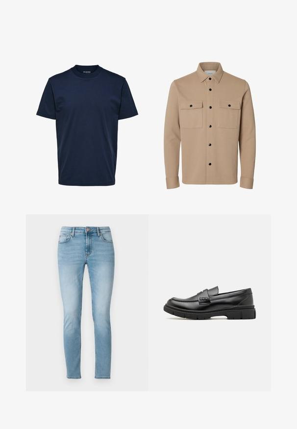 Chaqueta camisa beige de manga larga con botones a presión negros, dos bolsillos delanteros con solapa y cuello puntiagudo.; Camiseta de hombre lisa de color azul oscuro, manga corta y cuello redondo, con un corte regular y sin estampados ni logotipos visibles.; Jeans ajustados de mezclilla azul claro, con una cintura de altura media, cinco bolsillos y un ligero desvanecimiento en los muslos. Cierre de botón en la cintura.; Mocasin de cuero negro con una cinta ancha en el empeine, suela de goma con tacos gruesos y textura suave. Diseño clásico y elegante.