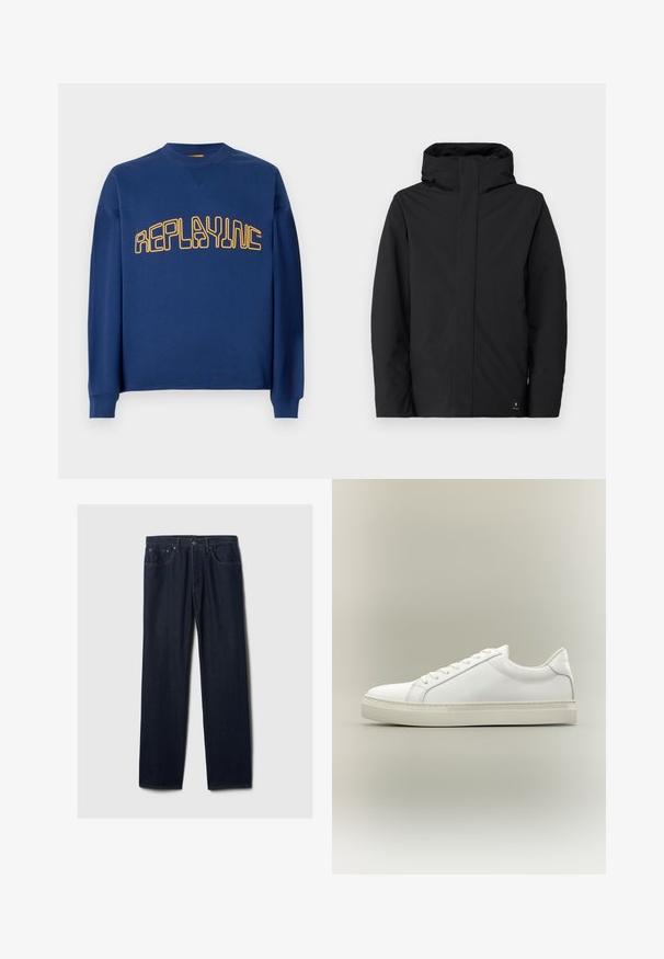 Schwarze wasserdichte Jacke mit hohem Kragen und Kapuze, minimalistisches Design, lange Ärmel und einem Logo-Tag an der unteren Seite.; Navyblauer Rundhalsausschnitt-Pullover mit langen Ärmeln und gelbem, stilisiertem "REPLAYINC"-Text auf der Brust.; Dunkelblaue gerade geschnittene Jeans aus Denim mit Fünf-Taschen-Design, Knopfverschluss und sichtbaren Nähten auf einem schlichten hellen Hintergrund.; Weißer Sneaker mit niedrigem Schaft, vorn mit Schnürung und dicker Sohle, aus der Seitenansicht vor neutralem Hintergrund.