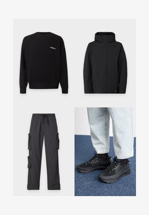 Zwarte waterdichte jas met een hoge kraag en capuchon, voorzien van een minimalistisch ontwerp, lange mouwen en een logo-label aan de onderzijde.; Replay Inc. Sweater - black; Zwarte cargo broek gemaakt van lichtgewicht stof met een elastische tailleband, verstelbare trekkoord, meerdere zijzakken en omgeslagen broekspijpen.; Zwarte sportschoenen met gestructureerde stof en rubberen zolen, met elastische veters en een blauwe accent op de hiel. Draag samen met lichte spijkerbroeken.