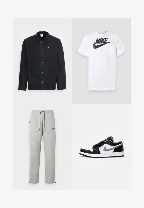 Schwarze Baumwolljacke mit Kragen, frontaler Knopfleiste, zwei aufgesetzten Taschen und einem kleinen weißen Nike-Logo auf der linken Brust.; Weißes kurzärmeliges T-Shirt mit schwarzem Nike-Logo und Swoosh, zentriert auf der Brust, vor einfarbigem grauem Hintergrund.; Graue Nike Sweatpants mit einem Kordelzugbund, Seitentaschen und elastischen Bündchen. Sie haben eine glatte Textur und ein kontrastierendes schwarzes Logodetail.; Jordan AIR JORDAN 1 - Sneaker low - black/particle grey-white