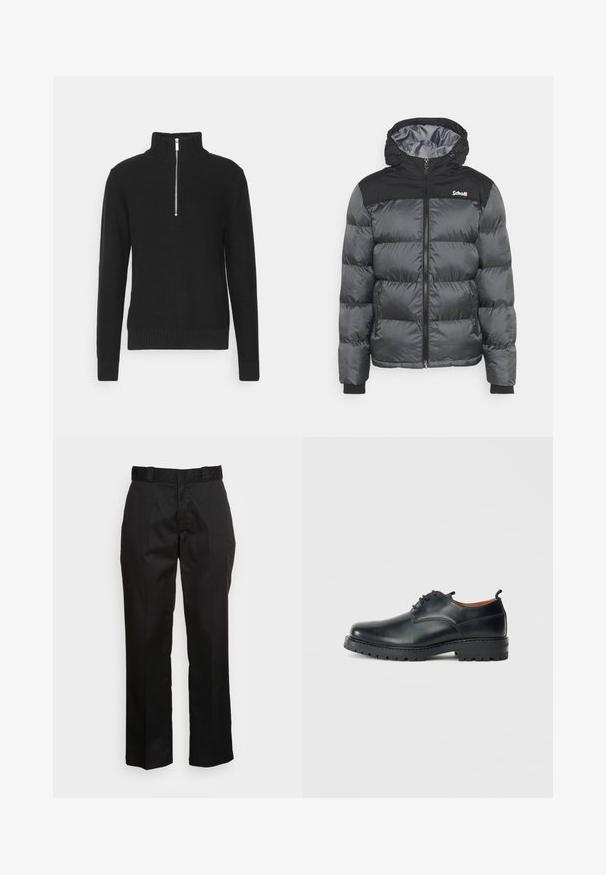 Schott UTAH - Vinterjakker - anthracite; Sort strikket pullover med høj krave, lynlås lukning, ribbede mansjetter og søm, med en glat tekstur og en tætsiddende silhuet.; Sorte bukser lavet af et glat stof med lige ben, bæltestropper og to sidelommer. Klassisk look uden udsmykninger.; Sorte læder derby-sko med en glat overflade, rund tå, snøre-design og en tyk, robust gummisål.