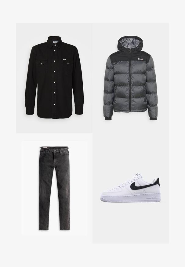 Schott UTAH - Winterjacke - anthracite; Schwarzes Button-Up-Hemd mit spitzem Kragen, zwei Brusttaschen, weißen Druckknöpfen und strukturiertem Stoff. Wrangler-Logo auf der linken Brust.; Schwarze, ausgewaschene Slim-Fit-Jeans mit vorderen Taschen, Gürtelschlaufen und Knopfverschluss, flach auf weißem Hintergrund liegend.; Weißes Leder-Sneaker mit einem strukturierten schwarzen Swoosh, flachen Schnürsenkeln und einer Gummisohle mit genoppetem Muster. "AIR" ist auf der Ferse eingeprägt.