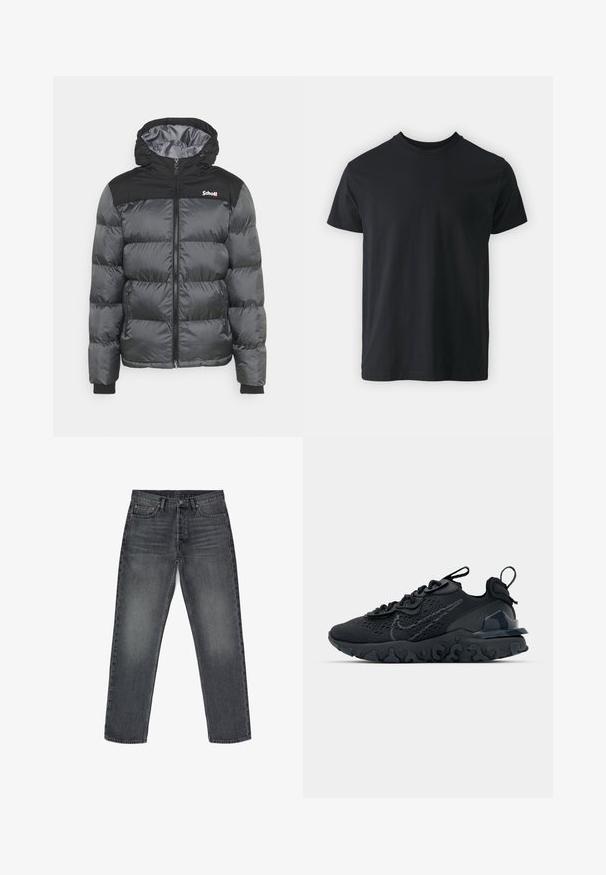 Schott UTAH - Winterjacke - anthracite; Schwarzes Baumwoll-T-Shirt mit kurzen Ärmeln, Rundhalsausschnitt und lässiger Passform. Glatte Textur und gerader Saum, keine sichtbaren Grafiken oder Muster.; Graue Jeans aus Denim mit geradem Schnitt, fünf Taschen, Knopfverschluss und dezentem Verblassen. Verstärkte Nähte und Kupferakzente.; Schwarzer Sportschuh mit atmungsaktivem Mesh-Obermaterial, strukturierten Akzenten und einer wellenförmigen Gummisohle. Verfügt über ein reflektierendes Logo und ein Schnürsystem.