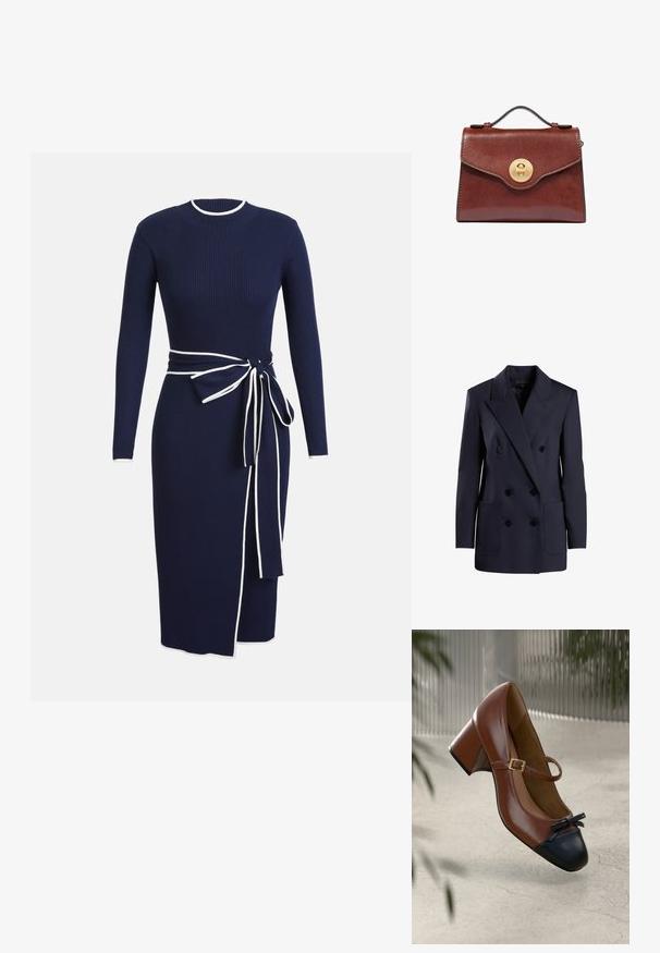 Blazer de corte cruzado en azul marino, confeccionado en un tejido suave, con grandes bolsillos frontales y solapas prominentes. Los botones son oscuros y redondeados.; Vestido de punto acanalado en color azul marino con mangas largas, escote redondo y ribete blanco. Presenta un cinturón atado en la cintura y una hendidura lateral como detalle.; Tacón Mary Jane de cuero marrón con puntera negra, lazo negro, correa con hebilla dorada y tacón de bloque sobre suelo texturizado claro.; Bolso de cuero marrón con asa superior y cierre giratorio redondo de oro en la solapa frontal, sobre un fondo blanco.