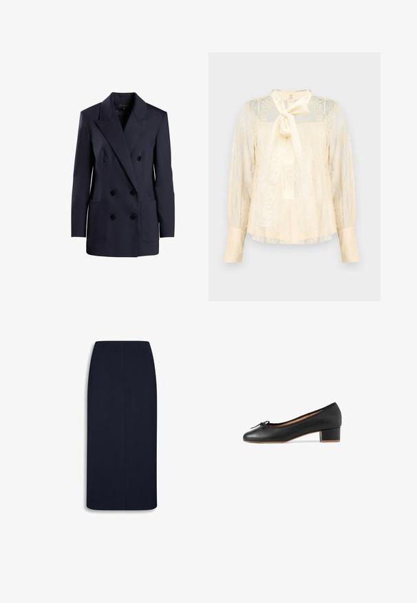 Blazer de corte cruzado en azul marino, confeccionado en un tejido suave, con grandes bolsillos frontales y solapas prominentes. Los botones son oscuros y redondeados.; Blusa color crema clara hecha de encaje con un detalle de lazo en el cuello, mangas largas transparentes y puños abotonados. Patrón floral texturizado en toda la prenda.; Falda midi recta azul marino con cintura alta y detalle de costura central, mostrada sobre fondo blanco.; Bailarina de piel negra con punta redondeada, pequeño tacón cuadrado y ribete de tela. Presenta un lazo decorativo en la zona de los dedos.