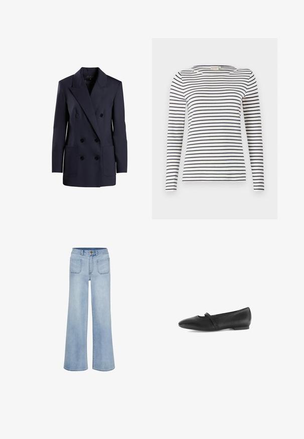 Mørkeblå dobbeltbrystet blazer i et glat stof, med store forlommer og fremtrædende revers. Knapperne er mørke og runde.; Langærmet stribet skjorte lavet af blødt stof, med marineblå og hvide vandrette striber, rund halsudskæring og en slim-fit design.; Lyseblå vidbukser lavet af denim, med høj talje, fem lommer og en ren afslutning ved kanten.; Sorte læder flade sko med spids tå og en dekorativ rem over vristen. Glat tekstur med minimalt pynt.
