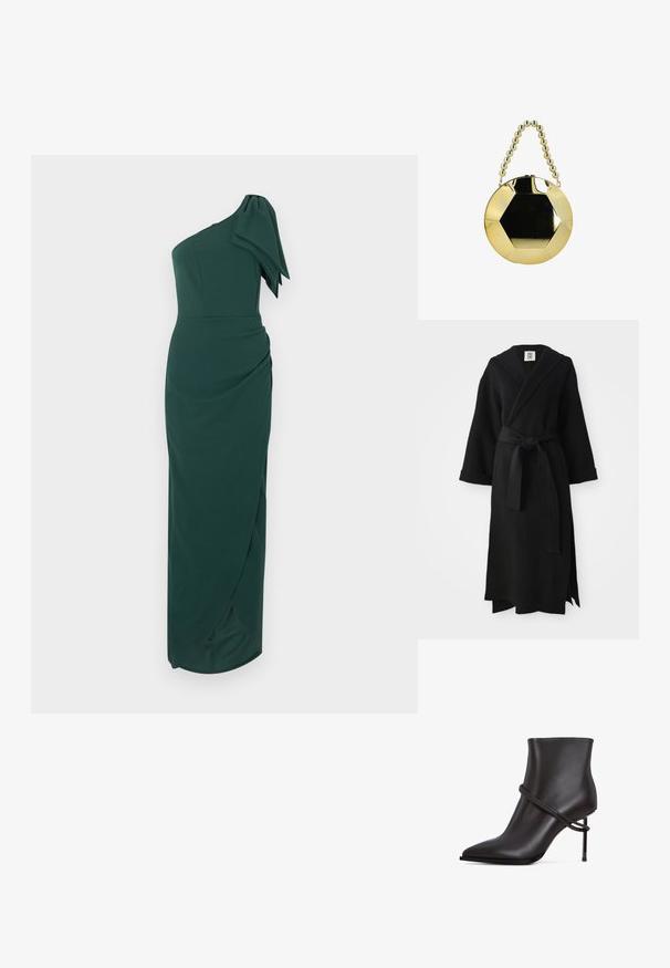 Sort lang kappe lavet af blødt stof, med sjal-krave, lange ærmer, taljebånd og en sideslids. Simpelt og minimalistisk design.; Mørkegrøn lang kjole med ét skulderbånd, stor sløjfedetalje på skulderen og en tætsiddende, rynket silhuet.; Slank sorte ankelstøvle med spids tå, indviklet designaccent og høj stiletthæl på hvid baggrund.; Rund guldtaske med sekskantet sort midte og perlehåndtag i guld, vist mod en hvid baggrund.