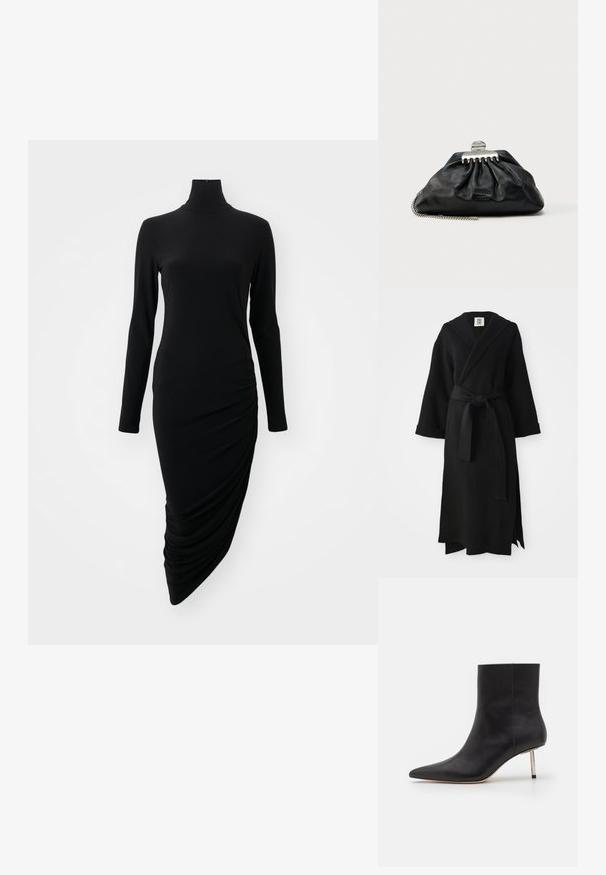 Sort lang kappe lavet af blødt stof, med sjal-krave, lange ærmer, taljebånd og en sideslids. Simpelt og minimalistisk design.; Sort langærmet kjole med høj halsudskæring, der har et rynket design på den ene side, lavet af et glat, strækbart stof.; Sorte læder ankelstøvler med spids tå og en tynd metallisk hæl. Glat tekstur med klare linjer og minimalistiske designfunktioner.; Sort læderclutch med samlet design, sølv hardware-lås og kæderem. Diskret logo præget foran.