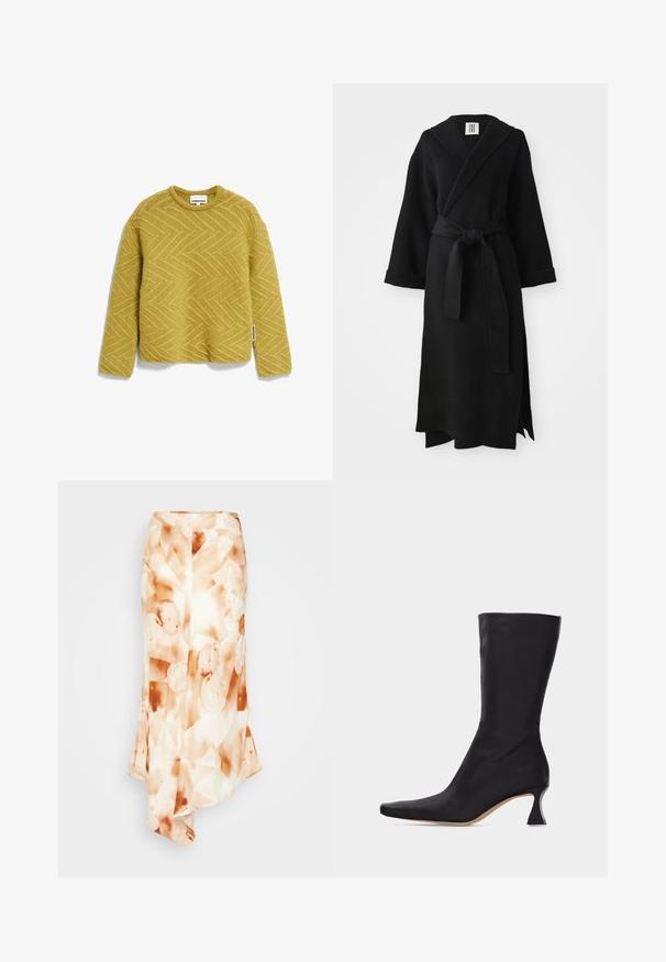 Sort lang kappe lavet af blødt stof, med sjal-krave, lange ærmer, taljebånd og en sideslids. Simpelt og minimalistisk design.; Gul strikket sweater med et struktureret hørmønster, rund halsudskæring og lange ærmer. Etikett synlig på sidesømmen.; Lang, flydende nederdel i et let stof med et abstrakt mønster i jordfarver—cremehvid, blød orange og brune pletter.; Sort læderstøvle, der går til midt på læggen, med spids tå og buet lav hæl, mod en ensartet lys baggrund.