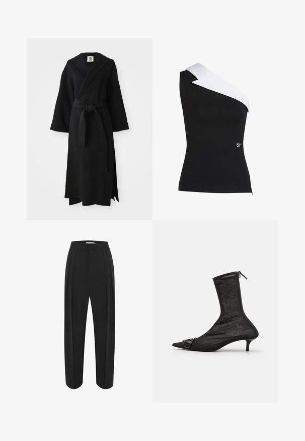 Sort lang kappe lavet af blødt stof, med sjal-krave, lange ærmer, taljebånd og en sideslids. Simpelt og minimalistisk design.; Top med én skulder i sort stof med en kontrasterende hvid kragedetalje. Har en tætsiddende form og et lille logo i nederste højre hjørne.; Sorte brede bukser med høj talje, der har en glat tekstur og to frontfolder. Designet med en ren, skræddersyet form.; Sorte mesh ankelstøvler med spidse tæer, lynlås og en lille hæl. Har en dekorativ spændeaccent nær tåområdet.