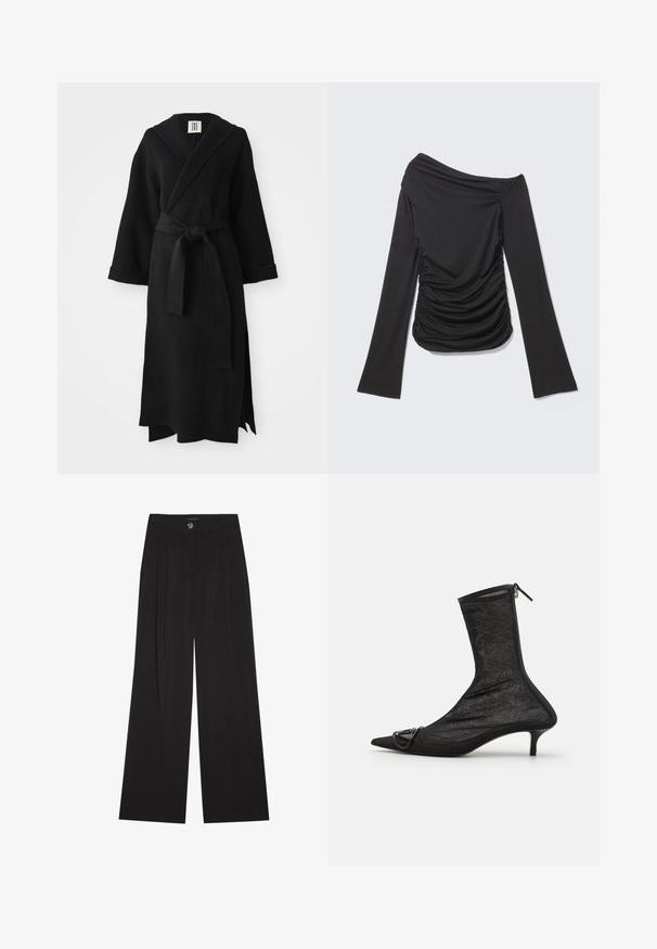 Sort lang kappe lavet af blødt stof, med sjal-krave, lange ærmer, taljebånd og en sideslids. Simpelt og minimalistisk design.; Sort langærmet top med asymmetrisk off-shoulder halsudskæring og rynkede detaljer på siderne og foran.; Sorte bukser med vide ben lavet af blødt stof, med høj talje, frontfolder og enkelt knaplukning. Glat tekstur og skræddersyet design.; Sorte mesh ankelstøvler med spidse tæer, lynlås og en lille hæl. Har en dekorativ spændeaccent nær tåområdet.