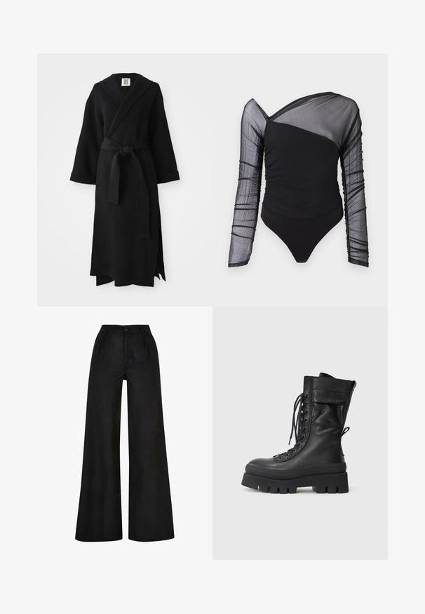 Sort lang kappe lavet af blødt stof, med sjal-krave, lange ærmer, taljebånd og en sideslids. Simpelt og minimalistisk design.; Sort bodysuit med lange gennemsigtige meshærmer. Har ruchede tekstur på kroppen, asymmetrisk udskæring og trusse med høj skæring.; Højtaljede sorte bukser med vide ben, forside med knapper og lynlås, bæltestropper og sidelommer.; Sort læderkampstøvle med høj skaft, snørebånd foran, teksturerede accenter, tyk sål og syet detaljer. Har en bageste løftestrop.