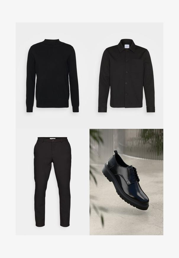 Chaqueta negra de botones en tejido suave, con cuello, bolsillo delantero y mangas con puños. Sin patrones ni adornos visibles.; Suéter negro de punto suave con cuello alto y mangas largas. Diseño sencillo, sin patrones ni adornos.; Pantalones negros ajustados de corte entallado. Cuentan con cremallera, cierre de botón, bolsillos laterales y una tela suave y ligera.; Zapato de cuero negro con un acabado brillante, puntera redonda, diseño de cordones, costuras de contraste y una suela de goma gruesa con patrones de tracción.