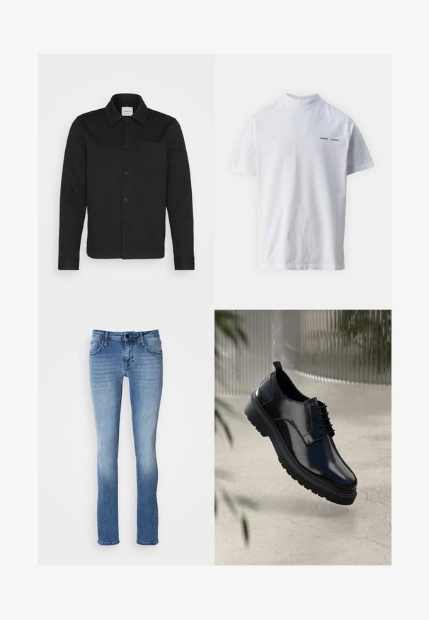 Sort knapjakke lavet af glat stof, med krave, forlommer og manchetter. Ingen synlige mønstre eller accenter.; Hvid bomulds t-shirt med høj halsudskæring og korte ærmer. Har "SAMSØE SAMSØE" logo i sort på forsiden. Glat tekstur.; Lysblå denim jeans med et klassisk fem-lomme design, lige ben og subtil fading. Fremstillet af blødt, holdbart stof.; Sorte lædersko med en blank overflade, rund tå, snøredesign, kontrastsyninger og en tyk gummisål med mønster.