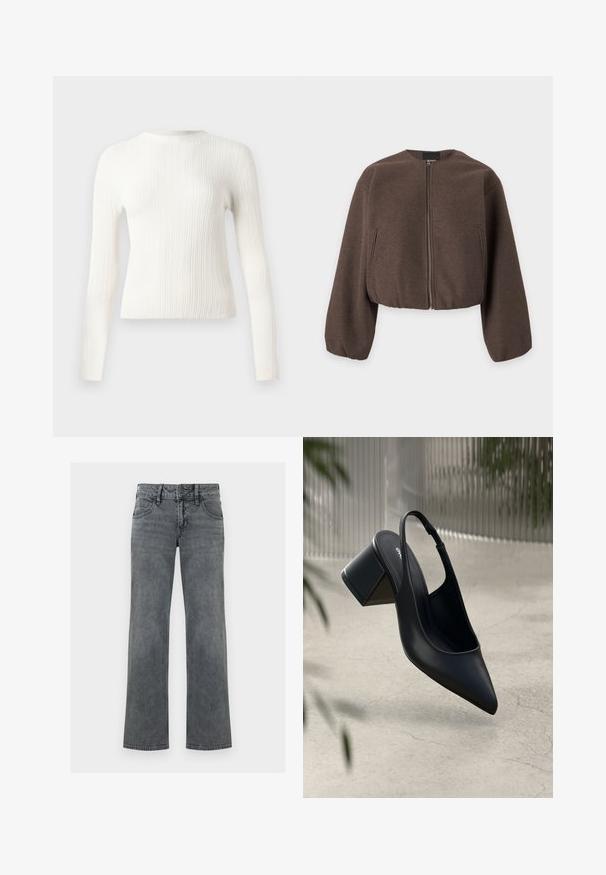 Veste courte marron avec manches longues ballon, fermeture éclair frontale et poches latérales verticales sur fond blanc.; Pull à col rond à manches longues en maille côtelée blanche avec une coupe ajustée et un ourlet droit, présenté sur un fond uni.; Jeans en denim gris à jambe droite avec bouton frontal, fermeture éclair et cinq poches, présentés sur un fond blanc.; Escarpin noir en cuir avec un bout pointu et un talon bloc. Texture lisse, design minimaliste et bride de cheville réglable.