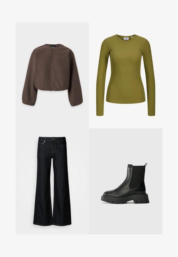 Veste courte marron avec manches longues ballon, fermeture éclair frontale et poches latérales verticales sur fond blanc.; Chemise à manches longues côtelée vert olive avec col rond et coupe ajustée, présentée sur fond blanc.; Jean en denim foncé à jambes larges avec une taille haute, un design à cinq poches et une couture contrastée jaune le long des coutures.; Bottine en cuir noir avec panneau latéral élastique, semelle en caoutchouc épaisse et tirant. Présente une finition lisse et des accents nervurés.