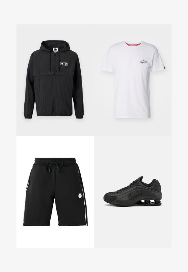 Must kapuutsiga kerge jakk esiosa pooleldi lukuga, paeladega, elastsete varrukapõõristega ja väikese ristküliku kujulise Kappa logoga vasakul rinnal.; Valge puuvillane T-särk, millel on väike graafika vasakul rinnal, ümmargune kaelus ja lühikesed varrukad, punase sisetikandi detailiga.; Mustad põlvpikkused lühikesed püksid elastse vöökohaga ja nööriga, valgete vertikaalsete küljeribadega ning väikese ümmarguse logoga vasakul reiel.; Mustad mustat jooksujalad, millel on sile sünteetiline ülemus, perforatsioonid, tekstureeritud külgpaneelid ja eristuv elastne tall.