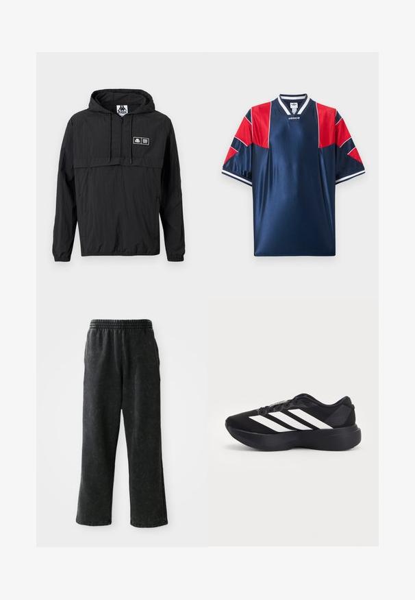 Mustan vetoketjullisen, hupullisen ja kevyen takin etupuolella on puolivetoketju, kiristysnauhat, joustavat hihansuut sekä vasemmassa rinnassa pieni suorakaiteen muotoinen Kappa-logopläkki.; Laivastonsininen Adidas-urheilupaita, jossa on punaiset verkkomaiset paneelit hartioissa ja hihoissa, valkoinen raidallinen kaulus ja hihansuut, logo rintapäässä.; Mustat collegehousut, jotka on valmistettu tekstuurikankaasta. Niissä on joustava vyötärö, sivutaskut ja rento istuvuus suorin lahkein.; Mustat juoksukengät paksulla pohjalla ja kolme valkoista vinoraitaa sivussa, nähtynä ulkopuolelta.