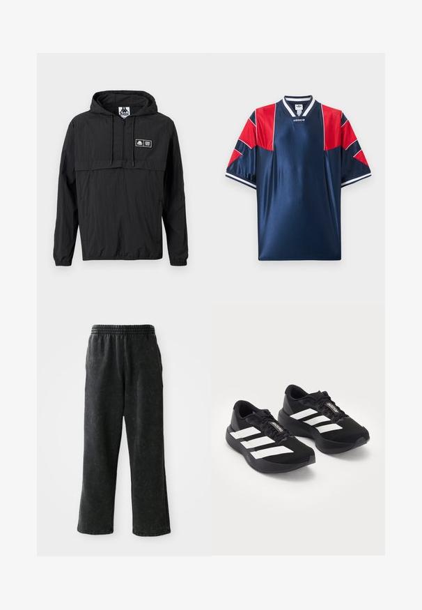 Čierna ľahká bunda s kapucňou, predným polozipsom, šnúrkami na stiahnutie, elastickými manžetami a malou obdĺžnikovou nášivkou s logom Kappa na ľavej strane hrudníka.; Tmavomodrý športový dres Adidas s červenými sieťovinovými panelmi na ramenách a rukávoch, bielym pruhovaným golierom a lemami rukávov, logom na hrudi.; Čierne tepláky vyrobené z textúrovanej tkaniny, s elastickým pásom, bočnými vreckami a voľným strihom s rovnými nohavicami.; Pár čiernych bežeckých tenisiek s bielymi pruhmi a značkou "Adizero" na šnúrkach, zobrazených na jednoduchom svetlom pozadí.
