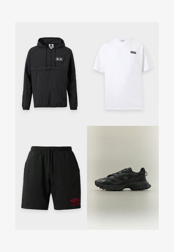 Schwarze, leichte Kapuzenjacke mit vorderem Halb-Reißverschluss, Kordelzügen, elastischen Bündchen und einem kleinen rechteckigen Kappa-Logo-Patch auf der linken Brust.; Weißes T-Shirt mit kurzen Ärmeln und einem kleinen schwarzen Columbia-Logo-Patch auf der oberen linken Brustseite vor einfarbigem Hintergrund.; Schwarze Shorts mit Kordelzug, seitlichen Taschen und rotem Umbro-Logo, das am linken Bein unten gestickt ist.; Schwarzer Sportschuh mit strukturiertem Obermaterial, eleganten Linien, Schnürverschluss und Gummilaufsohle mit Traktionsspikes. Prägung des Logodesigns.