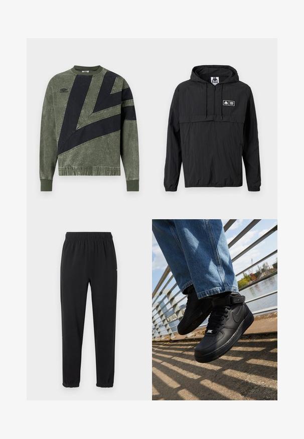 Must kapuutsiga kerge jakk esiosa pooleldi lukuga, paeladega, elastsete varrukapõõristega ja väikese ristküliku kujulise Kappa logoga vasakul rinnal.; Pikkade varrukatega, roheline ja musta värvi plokkide kombineerimisega dressipluus, millel on soonikuga varruka otsad ja krae, ning vasakul rinnal Umbro logo.; Mustad elastse vöökohaga püksid, millel on elastsed mansetid, sirge lõige ja puuduvad nähtavad kaunistused, taustaks heledat värvi pind.; Mustad mustad Nike Air Force 1 sneakerid nahast pealsega, mestist keelaga ja kummist tallaga, millel on kõrge disain ja paksud paelad.