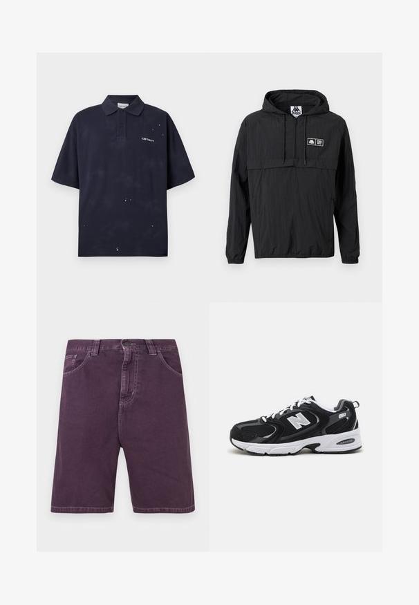 Veste légère noire à capuche avec demi-fermeture éclair à l'avant, cordons de serrage, poignets élastiques et petit patch logo rectangulaire Kappa sur la poitrine gauche.; Polo noir à manches courtes avec de petites éclaboussures de peinture blanche et un petit logo Carhartt blanc sur la poitrine gauche.; Shorts en denim violet avec bouton et fermeture éclair à l'avant, passants pour ceinture et deux poches avant.; Baskets de sport noires et grises avec un tige en mesh et en suède, présentant une semelle intermédiaire blanche, des lacets et un logo "N" audacieux sur le côté.